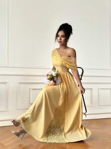 Elenzga 新款女士不对称领口镂空蕾丝拼接腰部抽绳下摆休闲优雅度假黄色连衣裙 - 黃色 - 查看 4