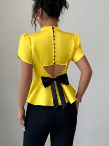 Elenzga 女式夏季露背蝴蝶结花卉装饰短袖时尚衬衫 - 黃色 - 查看 5