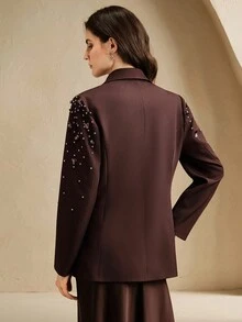 Anewsta 女士优雅手工串珠亮片水钻装饰西装外套，适合工作、休闲和街头风格，黑色，常规版型，秋冬 - 酒紅色 - 查看 5
