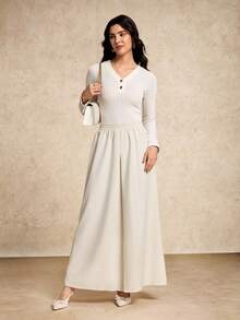 House of One Solid Woven Elastic Waist Maxi Skirt With Front Pleat Women Summer Autumn Casual Wear Cream Women