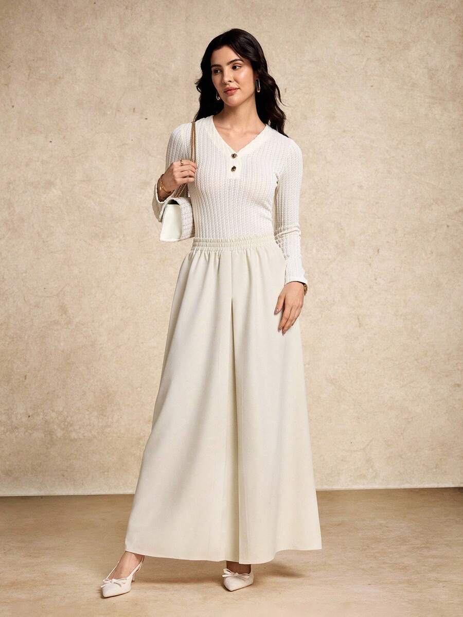 House of One Solid Woven Elastic Waist Maxi Skirt With Front Pleat Women Summer Autumn Casual Wear Cream Women