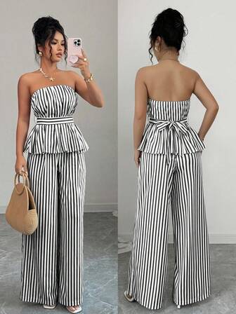 Rafferiza 女士优雅条纹抹胸上衣和裤子套装