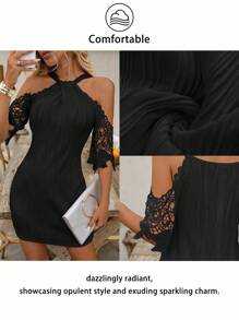 EMERY ROSE Đầm Halloween cổ chữ V phối ren, hở vai, tay lửng, thời trang thường ngày, đầm ren phủ ngoài, đầm đi biển, đầm ren trắng đen, đầm hở vai, đầm ngắn, đầm ren ngắn. - màu đen - Xem 8