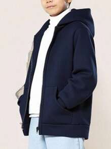 SHEIN 儿童休闲夹克 Wtt 官方网站，男童冬季外套，连帽拉链卫衣，学校，基本款上衣，冬季上衣，适合春季、夏季、秋季、冬季学校、花园、海滩、生日 - 藏蓝色 - 查看 4