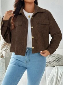 SHEIN LUNE 大尺碼秋冬純色極簡休閒長袖夾克外套 - 巧克力棕 - 查看 4