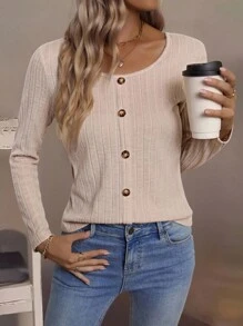 EMERY ROSE Women's Crew Neck Ribbed Fuzzy Button Embellished T-Shirt Fall Cloth For Women - Apricot - View 4