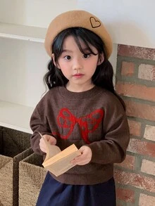 DAZY 少女韩版蝴蝶结撞色长袖毛衣秋冬 - 深灰色 - 查看 1