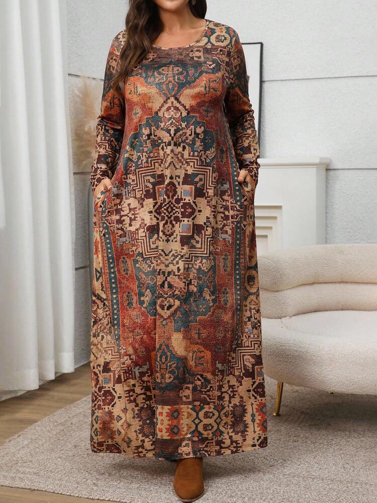 Plus Size Women Geometric Print Round Neck Long Sleeve Pocket Casual Loose Dress Plus Size Dress Caftan Dress Boho Dress Earth Tone Dress, Winter Clothes For Women, Christmas, Casual Dress For Women,Winter Dresses For Women,New Year Women's Clothes