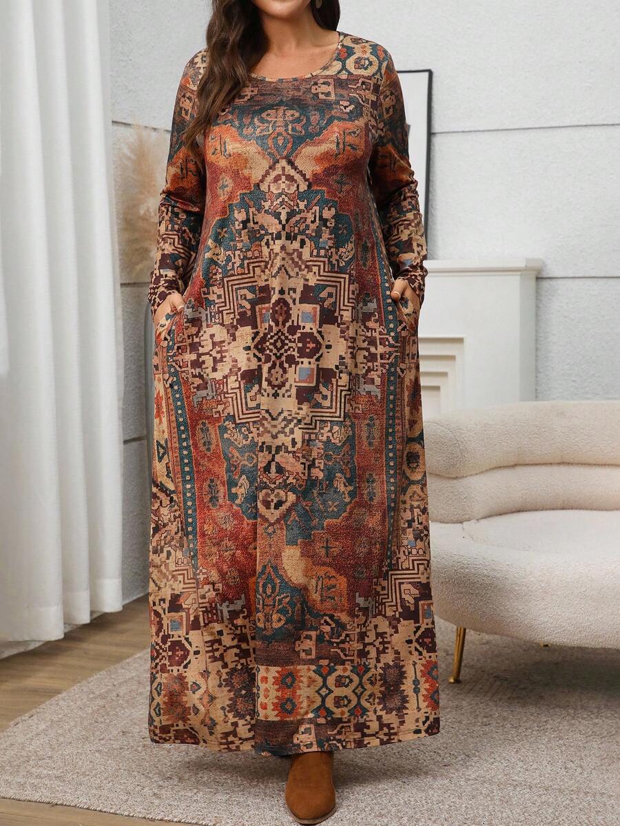 EMERY ROSE Plus Size Women Geometric Print Round Neck Long Sleeve Pocket Casual Loose Dress Plus Size Dress Caftan Dress Boho Dress Earth Tone Dress, Winter Clothes For Women, Christmas, Casual Dress For Women,Winter Dresses For Women,New Year Women's Clothes - Multicolor - View 1