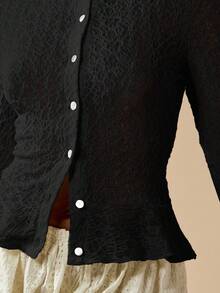 MISSGUIDED 纹理针织纽扣开衫，荷叶边下摆长袖荷叶边腰部秋冬日常必备分层上衣 - 黑色 - 查看 5