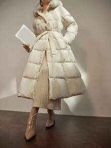 DAZY 女士优雅拼布毛领腰带厚垫长款大衣，秋冬 - 白色 - 查看 6