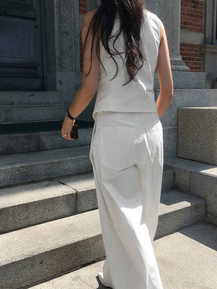 2pcs Women's Minimalist French Vest Suit, Collared Vest And Wide Leg Pants Set
