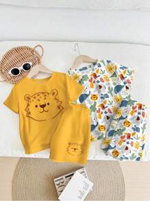 Bubblio 2件套卡通猎豹、大象、鳄鱼、鲸鱼、老虎印花宽松休闲家居服，柔软舒适的儿童精选系列，日常基本款，快乐的孩子，柔和的色彩，适合夏季 - 彩色 - 查看 2