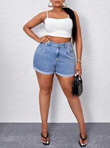 SHEIN Tall CURVE 大码夏季休闲水洗牛仔短裤 - 藍色 - 查看 6