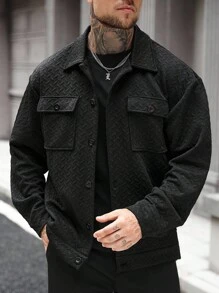 Manfinity CasualCool Men's Jackets, Men's Buttoned Front Long Sleeve Pocket Simple Jacket, Casual Everyday Wear, Men's Jackets, Men's Jackets For Fall Winter Edition, Boyfriend Gifts, Warm Long Sleeve Casual Jackets For Going Out Black Jacket For Men Men Casual Jacket Men Shacket Textured Jacket Men