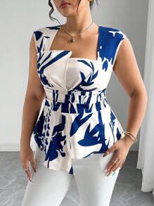 Elenzga 大码女式雪纺数码印花方领无袖收腰不对称下摆休闲度假浪漫优雅女式上衣工作夏季连衣裙 - 藍色 - 查看 7