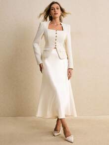 Poéselle Square Neck & Gold Rose Buttons Tweed Jacket, Elegant Street Style,Simple And Fashionable, Suitable For Daily Wear, Going Out, Commuting, Dating, Home And Other Occasions In Fall/Winter - White - View 2