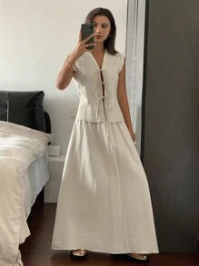 女士休闲通勤纯色系带吊带背心和半身裙两件套家居服套装 - 杏色 - 查看 5