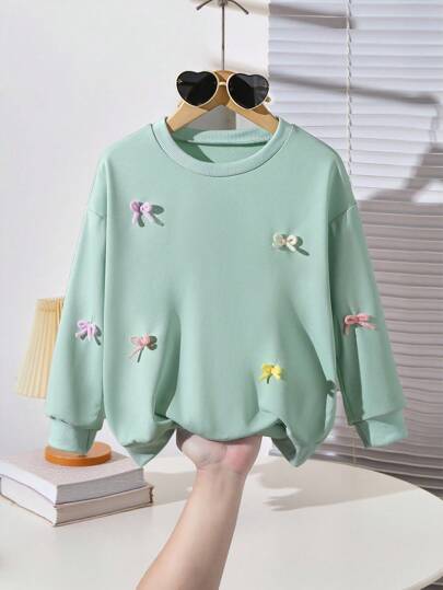 Young Girls' Sweet Casual Bow Decor Round Neck Drop Shoulder Long Sleeve Green Sweatshirt, Autumn/Winter