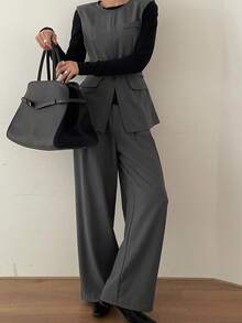 DAZY Bộ 2 món đồ mặc nhà màu trơn dành cho nữ: áo vest cổ tròn có thắt lưng và quần ống rộng. - Xám - Xem 7