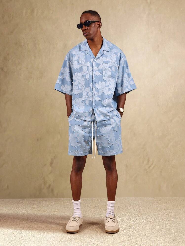 Floral Jacquard Shirt And Shorts With Cuban Collar