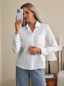 Louniche Patch Pocket Button Front Solid Shirt,Ladies Elegant Button,Pocket Long Sleeve Collar Regular Fit Regular White Regular Sleeve Shirt Women Blouses,Spring/Fall ,Professional/Business Attire/Workwear,Long Sleeve Tops