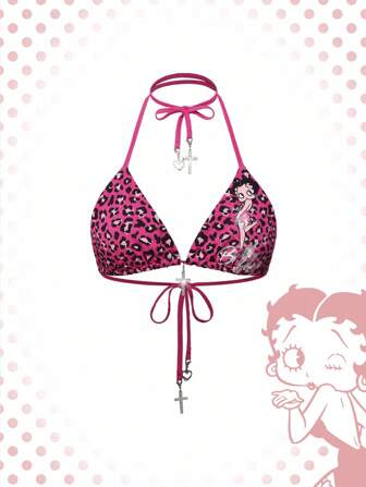 Betty Boop | ROMWE Sexy Neckholder-Top mit Leopardenmuster und Strass-Kreuz-Dekor für Damen