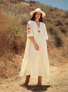 Vestido largo de mujer talla grande con estampado tropical de plantas en rosa y verde, vestido casual suelto con cuello en V y lazo, manga larga, para principios de otoño - Beis - Ver 4