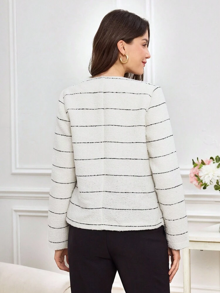 Damen Wintermantel, exquisiter und eleganter Mantel, Allround-Weißer Mantel für Frauen zum Ausgehen, Tweed-Stoff mit Streifenmuster, eleganter Damenmantel mit Metallschnallen-Design, gestreifter Sommer-Strickjacke für Frauen, Knopf-Strickjacke für Damen, Weiße Strickjacke