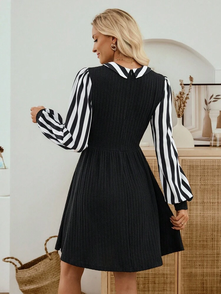 Women's Ribbed Long Sleeve Ribbed Casual Midi Dress Collared Dress Striped Sleeve Dress Peter Pan Collar Dress Fall Clothes For Women Dresses For Women Black Dress Fall Dresses For Women Homecoming Dress Going Out Dress