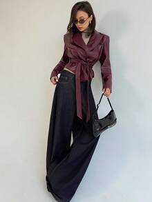 Aloruh 女式纯色长袖翻领PU皮革时尚西装外套 - 酒紅色 - 查看 9