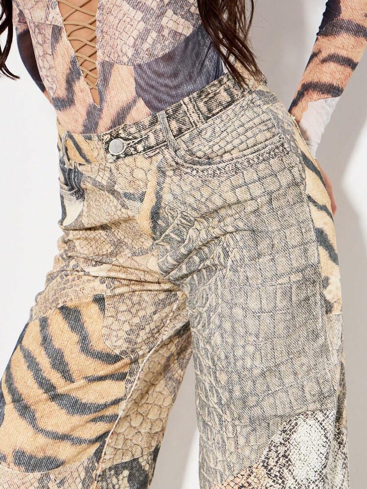 KIZN Mixed Animal Print Patchwork Wide Leg Jeans