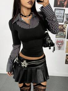 StreetHx Áo sơ mi sọc dài tay dành cho nữ, phong cách Punk, mặc hàng ngày - Đen và trắng - Xem 1