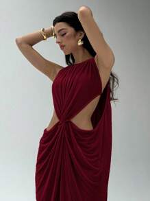 Aloruh 女式纯色褶皱圆领镂空无袖连衣裙 - 酒紅色 - 查看 2