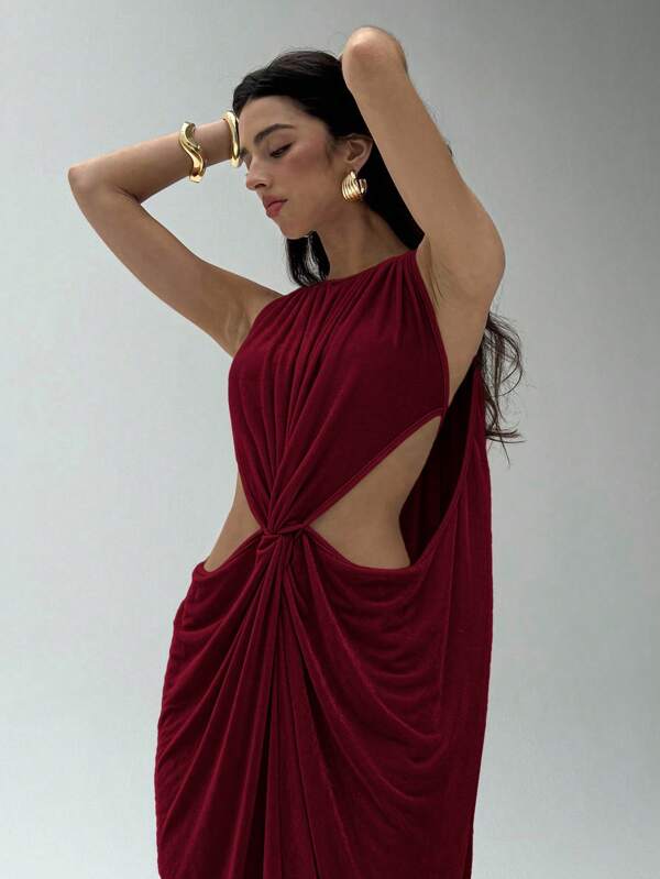 Aloruh Women's Solid Color Pleated Round Neck Cutout Sleeveless Dress