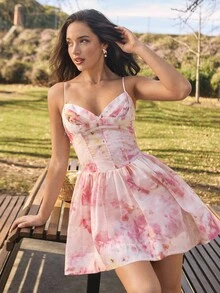 Savoree New Romantic Vacation, Valentine's Day, Party Mini Dress With Spaghetti Strap And Drawstring Back For Women, Spring/Summer - Multicolor - View 4