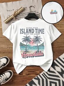 INAWLY Plus Size Women's Loose Hawaiian Style Graphic Print Short Sleeve T-Shirt, Casual Summer Holiday Wear
