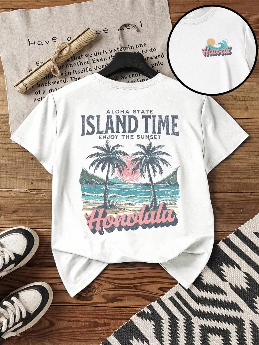 INAWLY Plus Size Women's Loose Hawaiian Style Graphic Print Short Sleeve T-Shirt, Casual Summer Holiday Wear