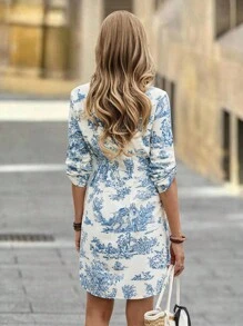 Solivie 女式休闲度假全印花前扣短款连衣裙 - 白色 - 查看 2