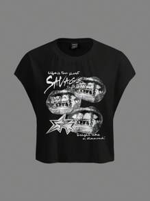 Slaydiva T-shirt ample à col rond avec motif de lettres et d'étoiles, style décontracté, adapté pour l'été, pour femmes