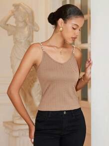 Chiquease Pearls Beaded Cami Top - Mocha Brown - View 3
