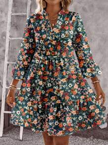 EMERY ROSE Casual Ditsy Floral Mini Dress For Women, Suitable For Summer, Multi-Layer Ruffle Skirt, Puff Sleeve, Retro Ditsy Ditsy Floral,Casual Dresses For Women Chic Dress - Multicolor - View 3