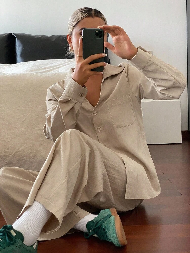 2pcs Women's Casual Solid Color Loose Shirt And Wide Leg Maxi Pants Set Lounge Sets For Women