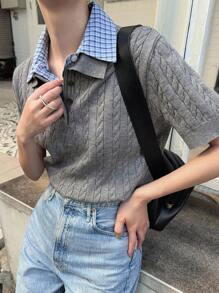 女式格子拼布针织毛衣 - 藏蓝色 - 查看 6