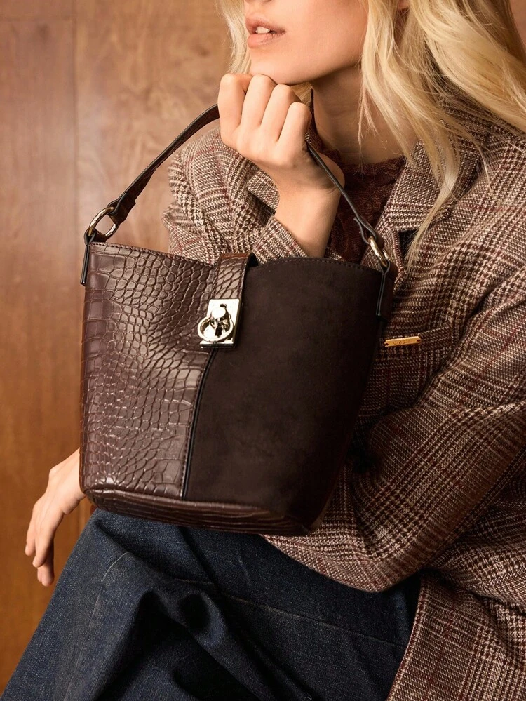 Bolsa de Alça Superior de Grande Capacidade com Padrão de Crocodilo em Couro Sintético (PU)