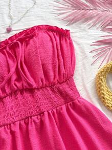Soleia Solid Frill Trim Tie Front Tube Dress - Hot Pink - View 5
