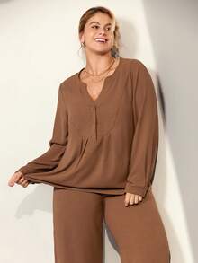 Momelise Plus Size Popular Minimalist Fashion Loose Fit Long Button Decor Round Neck Solid Color 2 Pieces Set For Women, Autumn/Winter Maillard Style Fall Cloth For Women