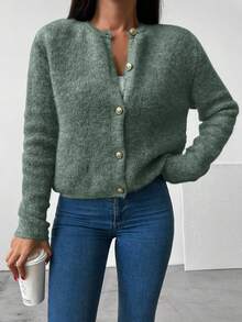 EURMUSE Button Front Drop Shoulder Cardigan - Green - View 5