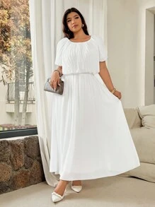Vionelle Plus Size Women's White Summer Elegant Silky Holiday Chiffon Solid Color Round Neck Pleated Short Sleeve Top,Elastic Waist Flared Long Skirt 2pcs Set - White - View 6