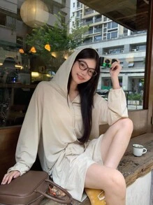 DAZY Conjunto de 2 piezas de camisa con capucha y shorts casuales de estilo japonés para mujer - Albaricoque - Ver 9